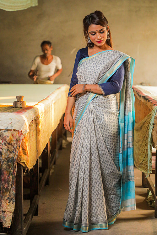 Sooti Syahi Pigment Handblock Print Maheshwari Silk Saree-1