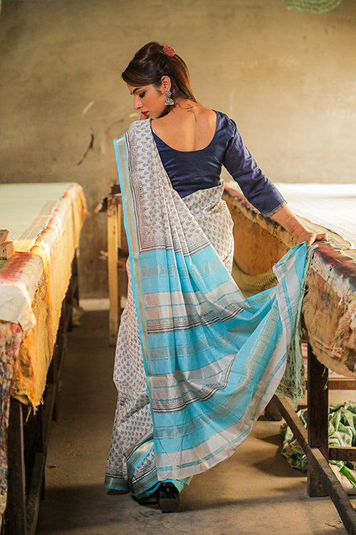Sooti Syahi Pigment Handblock Print Maheshwari Silk Saree-1