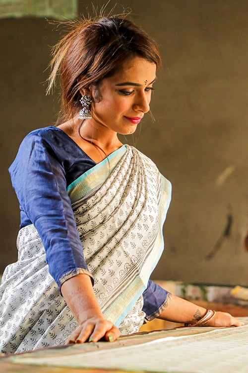 Sooti Syahi Pigment Handblock Print Maheshwari Silk Saree-1