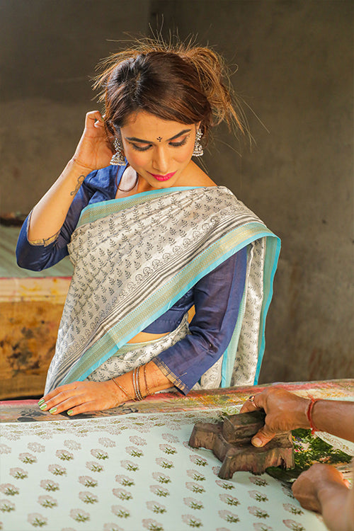 Pigment Hand Block Print Maheshwari Silk Saree Online