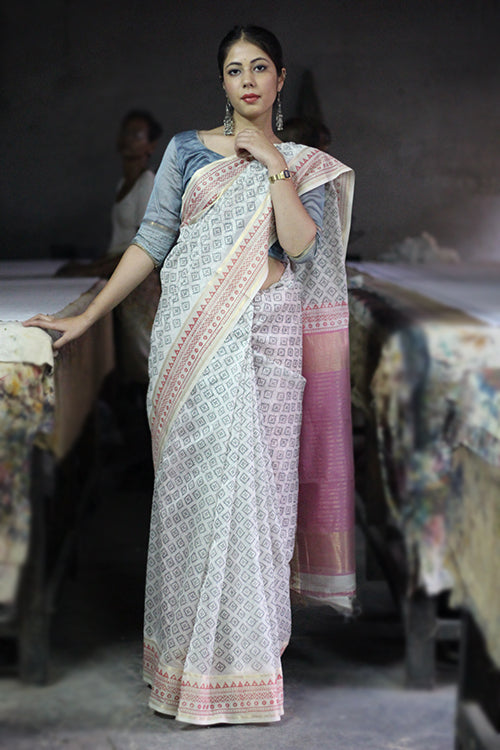 Pigment Hand Block Printed Maheshwari Silk Saree Online