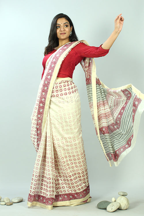 Sooti Syahi White Handblock Printed Maheshwari Silk Saree Online