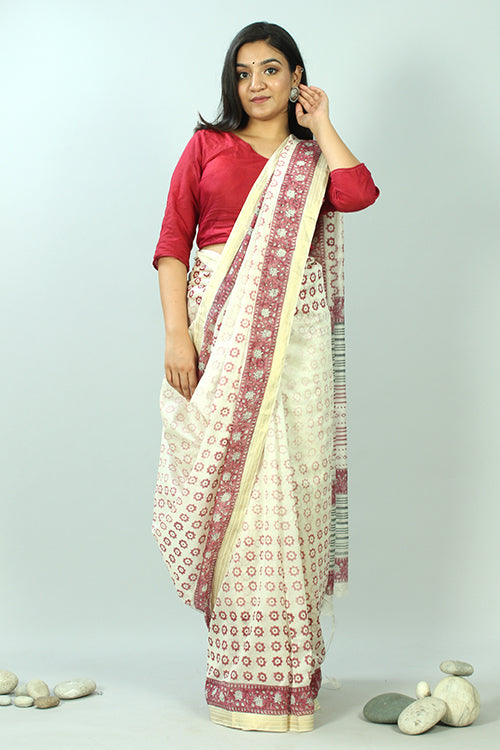 Sooti Syahi White Handblock Printed Maheshwari Silk Saree Online