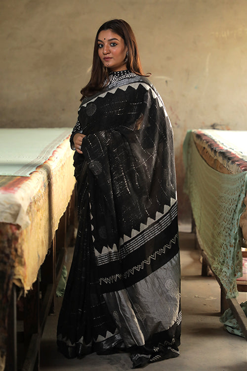 Hand Block Printed Slub Cotton Saree-12