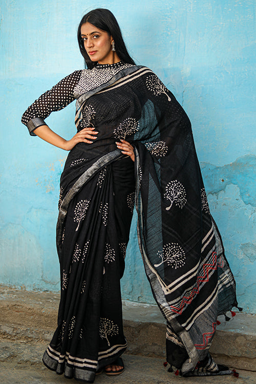 Sooti Syahi Tree Of Life Handblock Printed Chanderi Silk Saree Online