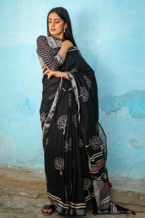 Sooti Syahi Tree Of Life Handblock Printed Chanderi Silk Saree Online