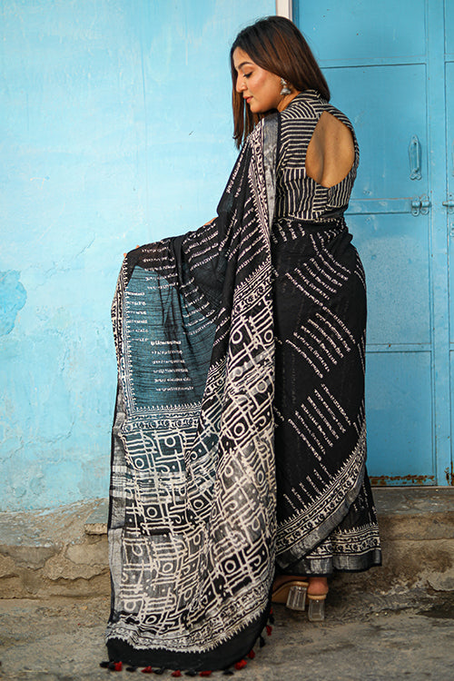Sooti Syahi Checkmate: CHUNA PATRI Handblock Printed Chanderi Silk Saree