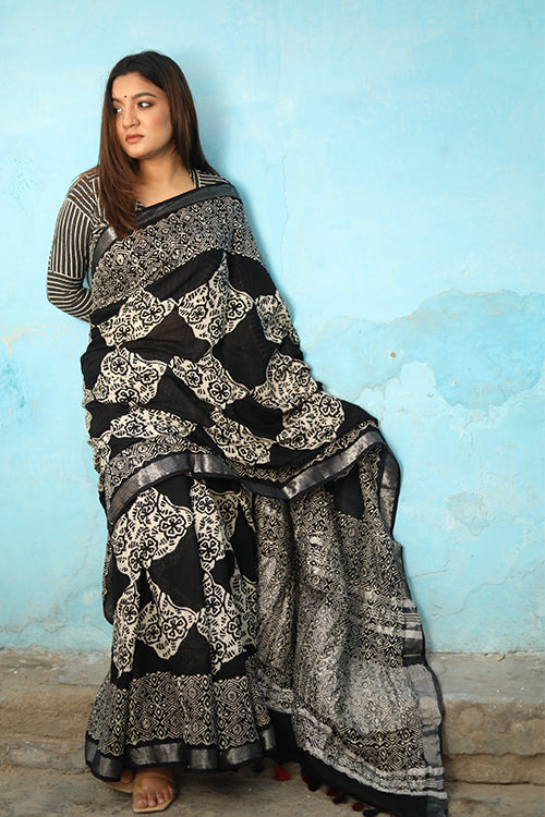 Sooti Syahi Checkmate Handblock Printed Chanderi Silk Saree Online