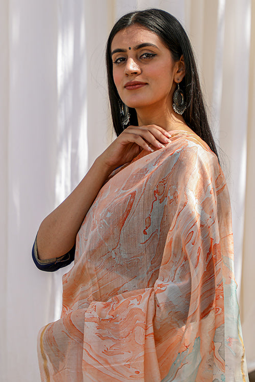 Sooti Syahi Tangy Narangi Hand Marble Printed Chanderi Silk Saree Online