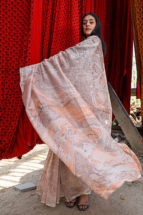 Sooti Syahi Clouds and Rainbows : Hand Marble Printed Chanderi Silk Saree