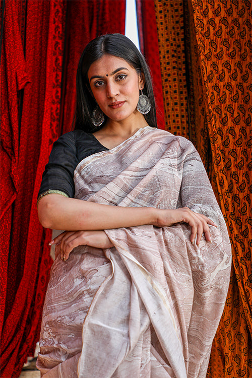 Sooti Syahi Clouds and Rainbows : Hand Marble Printed Chanderi Silk Saree
