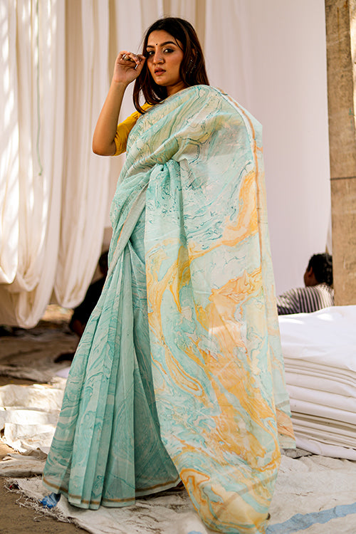 Sooti Syahi Colour Invent Hand Marble Printed Chanderi Silk Saree Online