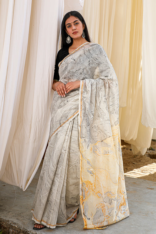 Sooti Syahi Unknown Wonderland Hand Marble Printed Chanderi Silk Saree Online