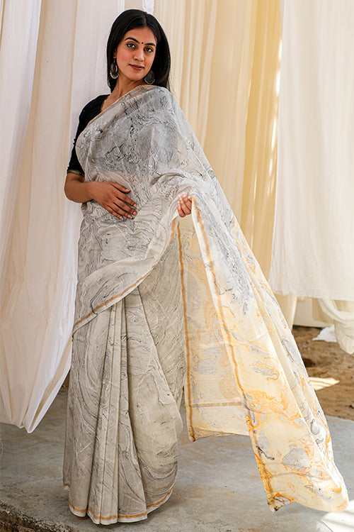 Unknown Wonderland: Hand Marble Printed Chanderi Silk Saree