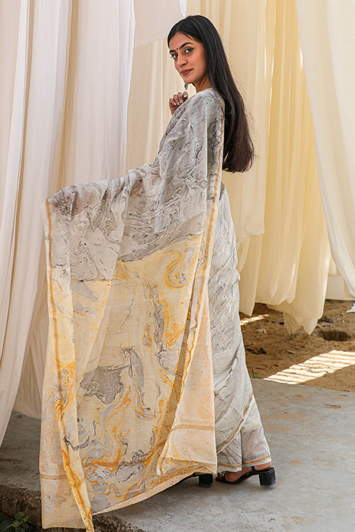 Unknown Wonderland: Hand Marble Printed Chanderi Silk Saree