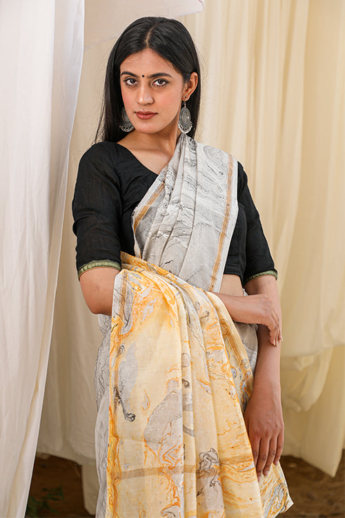 Sooti Syahi Unknown Wonderland Hand Marble Printed Chanderi Silk Saree Online