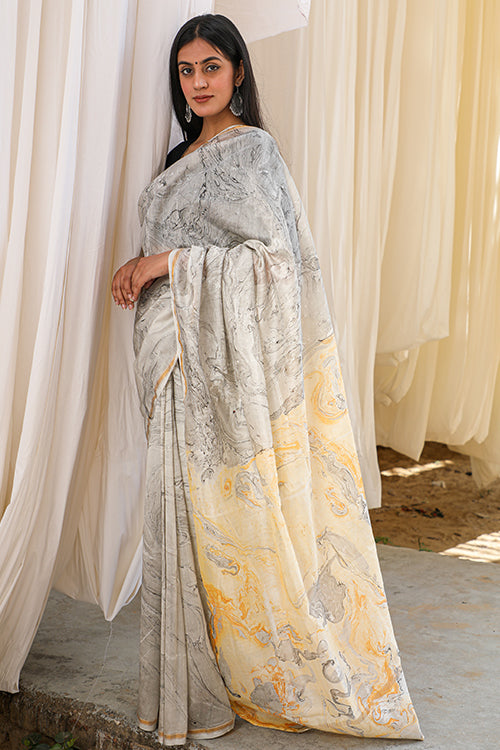 Unknown Wonderland: Hand Marble Printed Chanderi Silk Saree