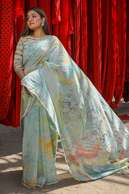 Sooti Syahi A Blaze Of Style Hand Marble Printed Chanderi Silk Saree Online