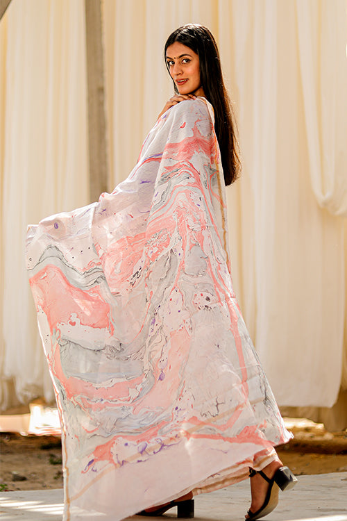 Sooti Syahi Ittar Ke Jhone Hand Marble Printed Chanderi Silk Saree Online