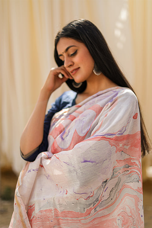 Sooti Syahi Ittar ke Jhonke : Hand Marble Printed Chanderi Silk Saree