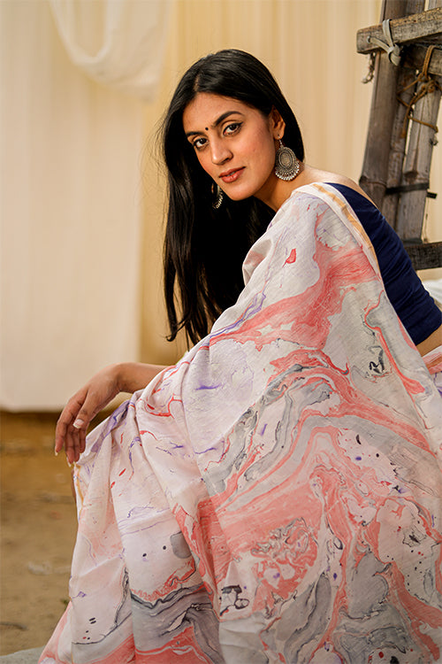 Sooti Syahi Ittar Ke Jhone Hand Marble Printed Chanderi Silk Saree Online