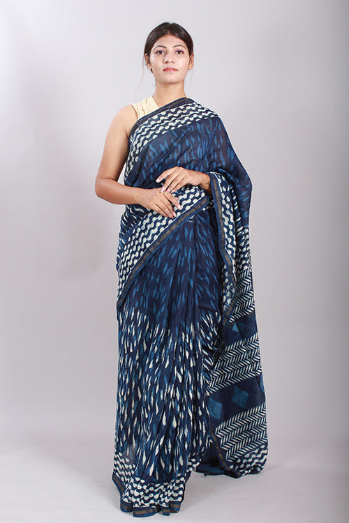 Indigo Dabu Old Blue Handblock Printed Chanderi Silk Saree Online