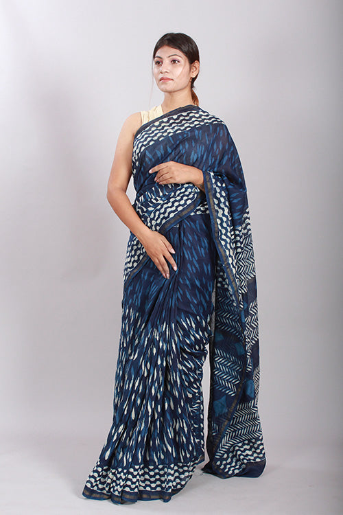 Indigo Dabu Old Blue Handblock Printed Chanderi Silk Saree Online