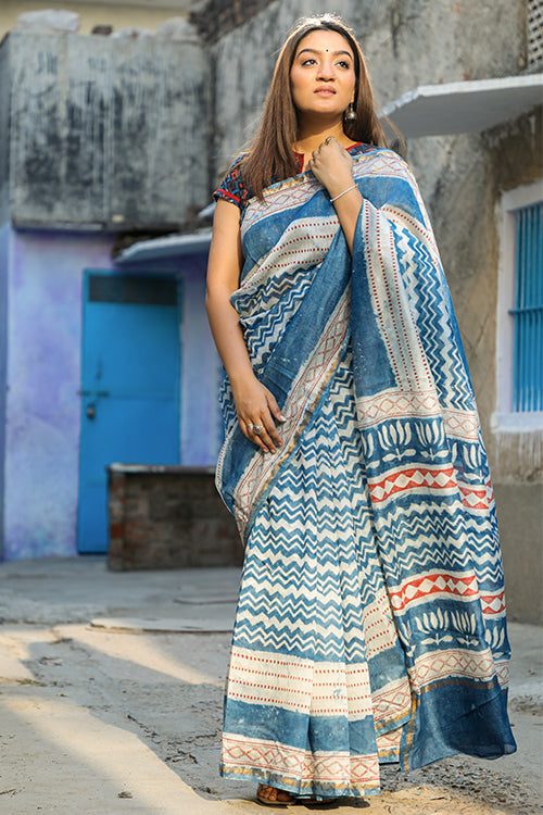 Sooti Syahi Keeping It Light Dabu Indigo Handblock Print Slub Cotton Saree Online