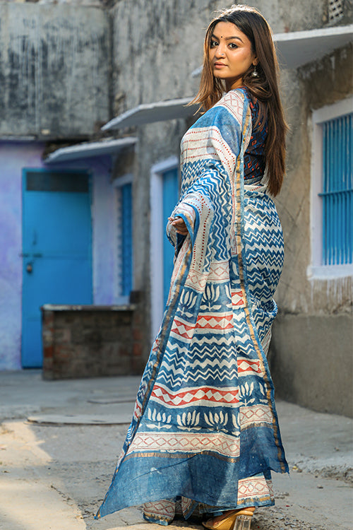 Sooti Syahi Keeping it Light: DABU INDIGO Handblock Printed Chanderi Silk Saree