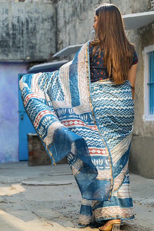 Sooti Syahi Keeping it Light: DABU INDIGO Handblock Printed Chanderi Silk Saree
