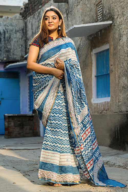 Sooti Syahi Keeping It Light Dabu Indigo Handblock Print Slub Cotton Saree Online