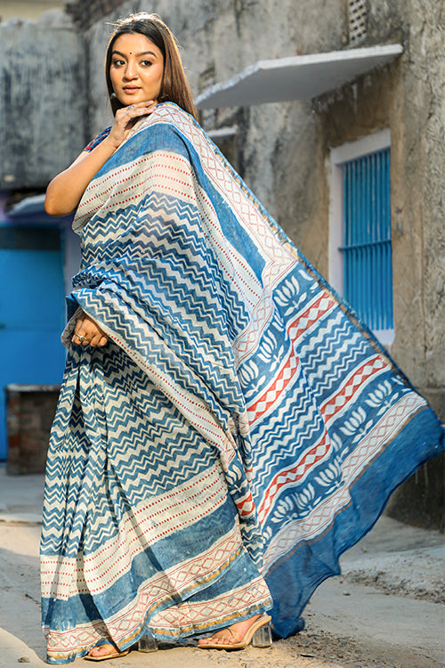 Sooti Syahi Keeping it Light: DABU INDIGO Handblock Printed Chanderi Silk Saree