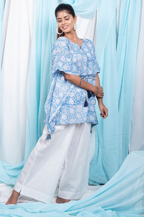 Shuddhi Sky blue printed short kaftan.
