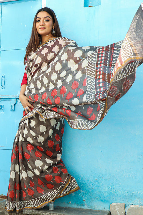  Ek Cup Chai Dabu Handblock Printed Chanderi Silk Saree Online
