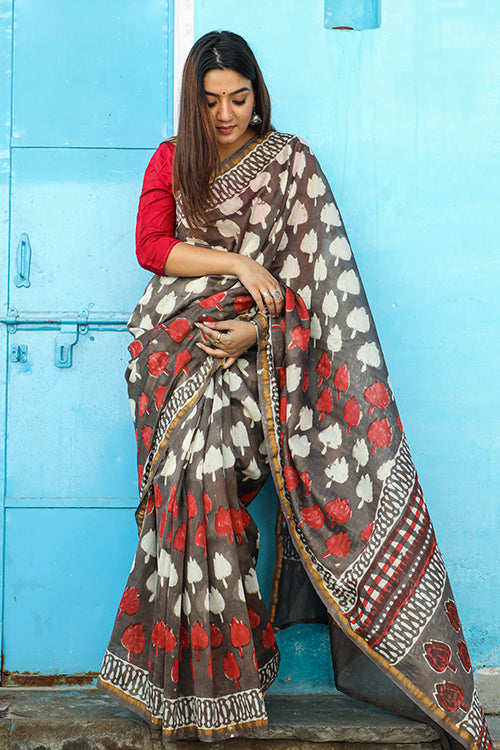 Sooti Syahi Ek Cup Chai : Kashish Dabu Handblock Printed Chanderi Silk Saree