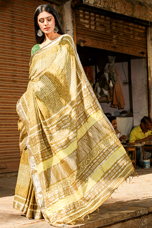Sooti Syahi Wood Carving Kashish Dabu Handblock Printed Chanderi Silk Saree Online