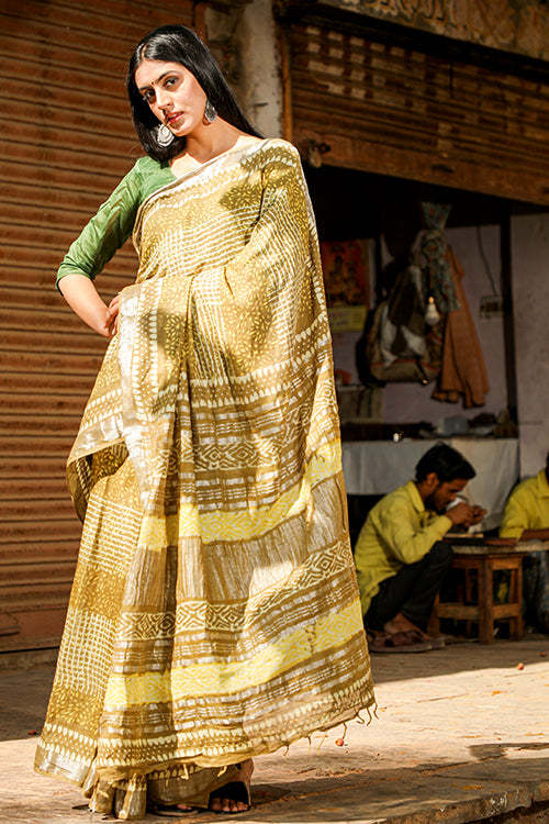 Sooti Syahi Wood Carvings: Kashish Dabu Handblock Print Cotton Slub Saree