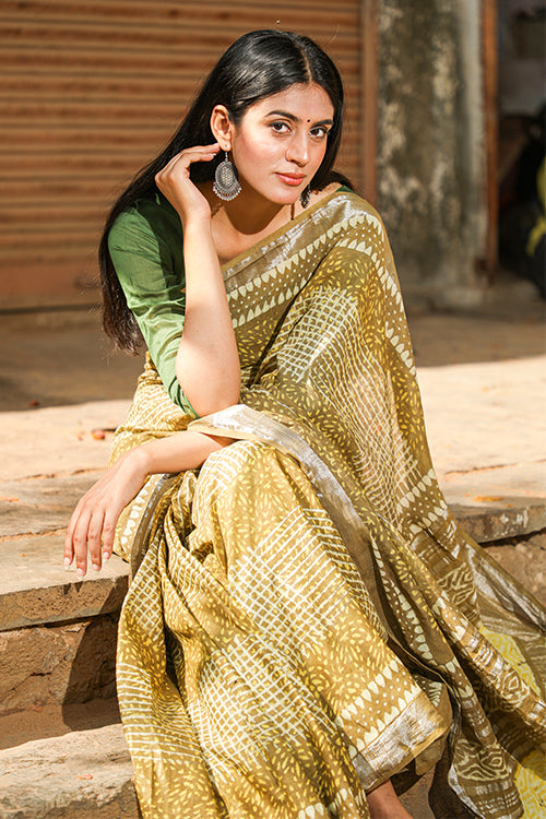 Sooti Syahi Wood Carving Kashish Dabu Handblock Printed Chanderi Silk Saree Online