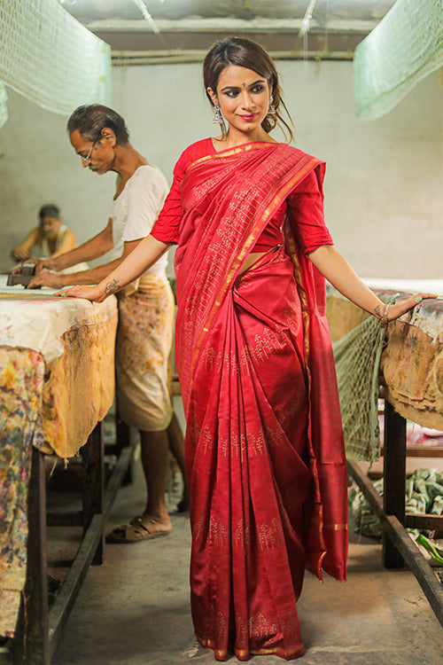Sooti Syahi Red Handblock Printed Chanderi Silk Saree Online