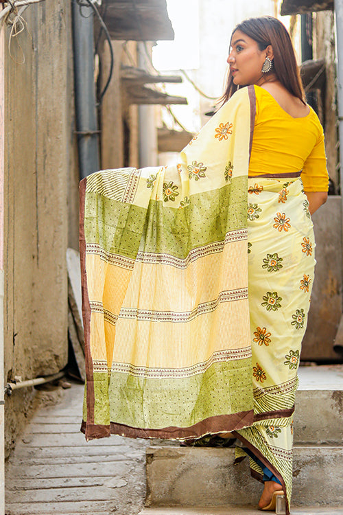 Sooti Syahi Mango Blossoms: Handblock Print Mul Cotton Saree