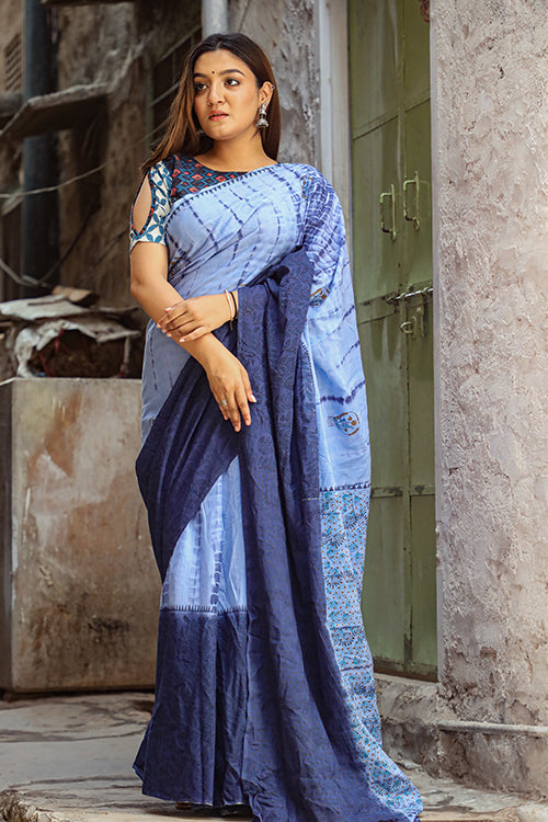 Grey Hand Printed Mul Cotton Sarees with Blouse!! – Royskart