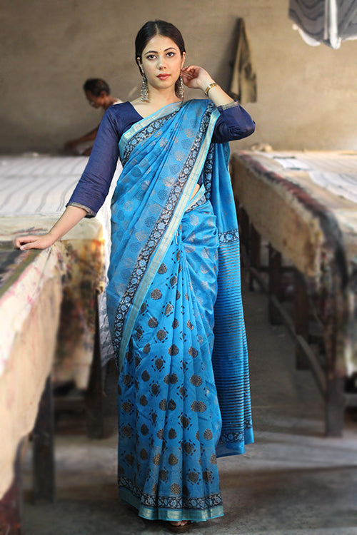 Blue Handblock Print Maheshwari Silk Saree With Blouse Online Online