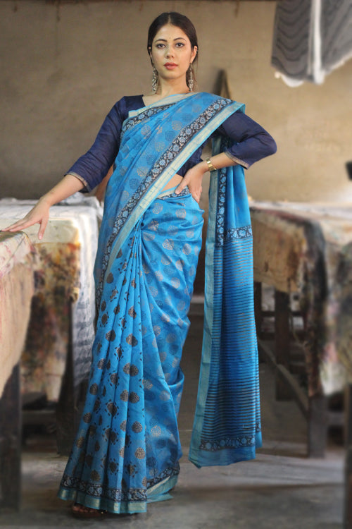 Sooti Syahi Handblock Print Maheshwari Silk Saree-2