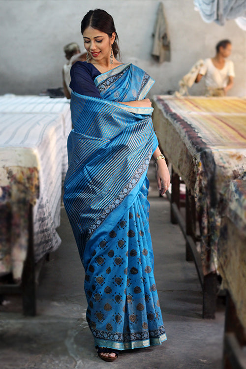 Blue Handblock Print Maheshwari Silk Saree With Blouse Online Online