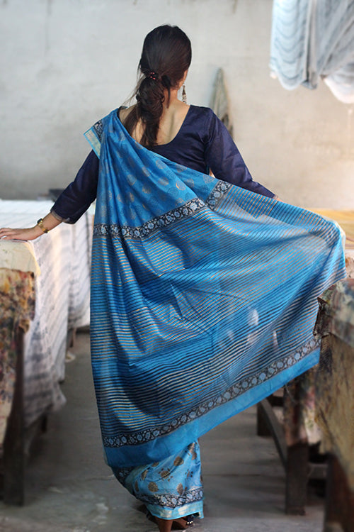 Sooti Syahi Handblock Print Maheshwari Silk Saree-2