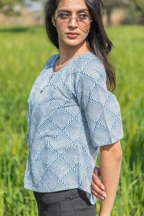 Sootisyahi 'Breezy Mint' Azofree Handblock Printed Pure Cotton Crop Top