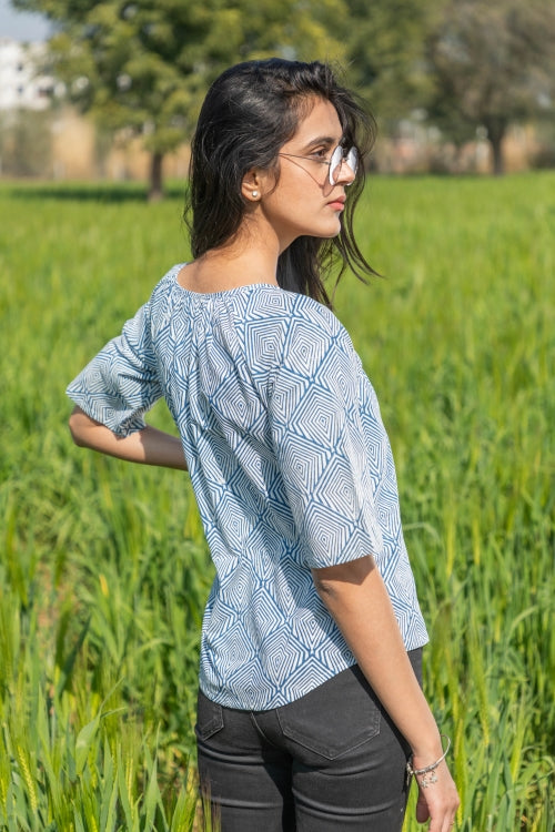 Sootisyahi 'Breezy Mint' Azofree Handblock Printed Pure Cotton Crop Top