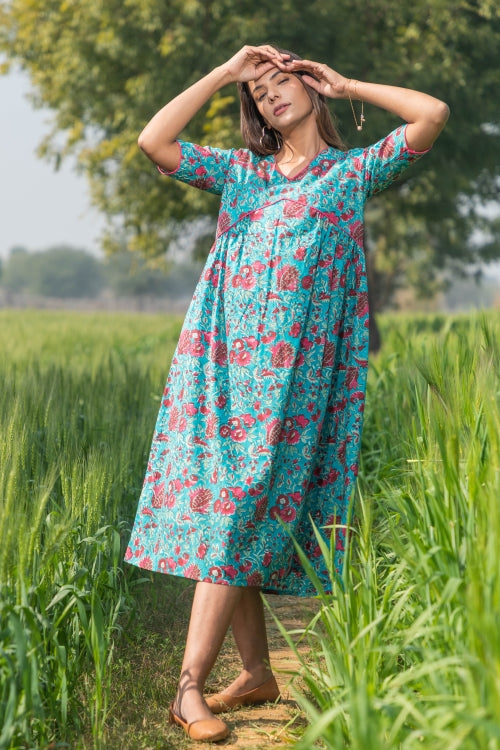 Misty Blush Pure Cotton Hand Block Printed Dress For Women Online 