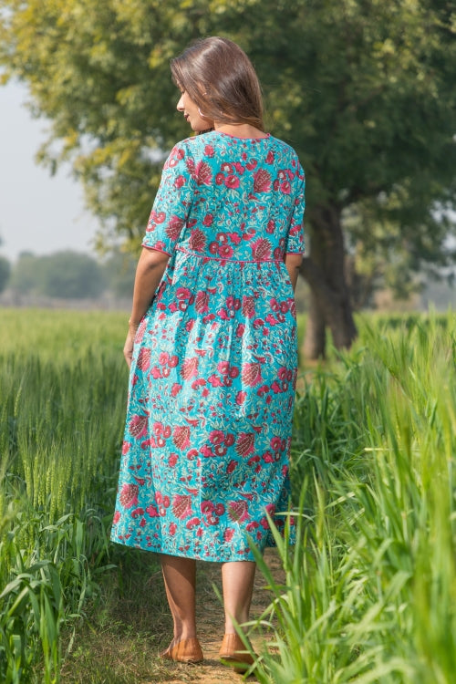 Sootisyahi 'Misty Blush' Azofree Handblock Printed Pure Cotton Dress