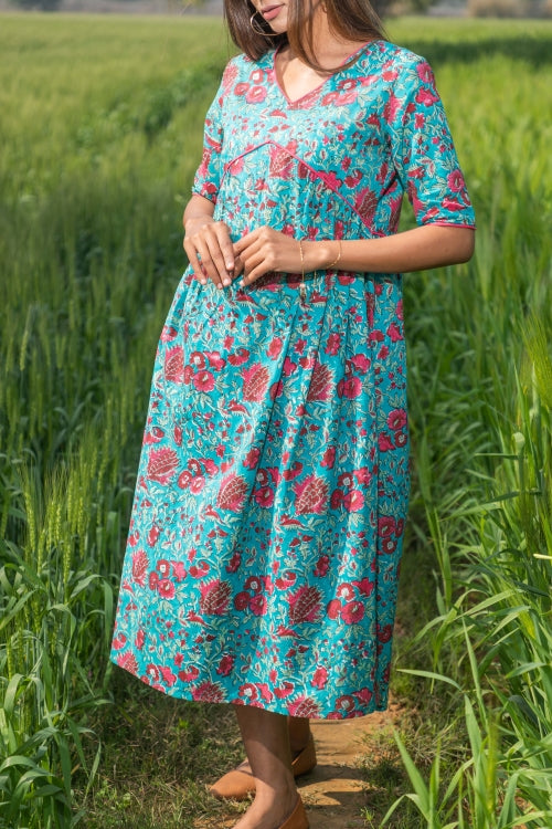 Sootisyahi 'Misty Blush' Azofree Handblock Printed Pure Cotton Dress